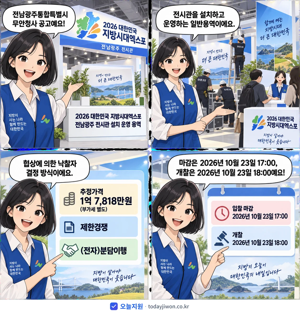 4컷 만화로 보는 공고: 전남광주통합특별시 무안청사 '대한민국 지방시대엑스포 전남광주 전시관 설치 운영 용역', 추정가격 1억 7,818만원, 입찰 마감 10/23 17:00