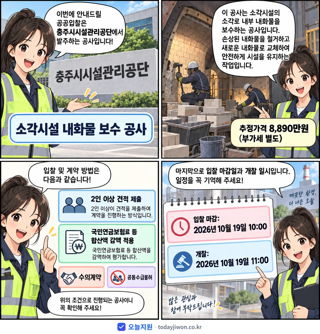 4컷 만화로 보는 공고: 충주시시설관리공단 '소각시설 내화물 보수 공사', 추정가격 8,890만원, 입찰 마감 10/19 10:00