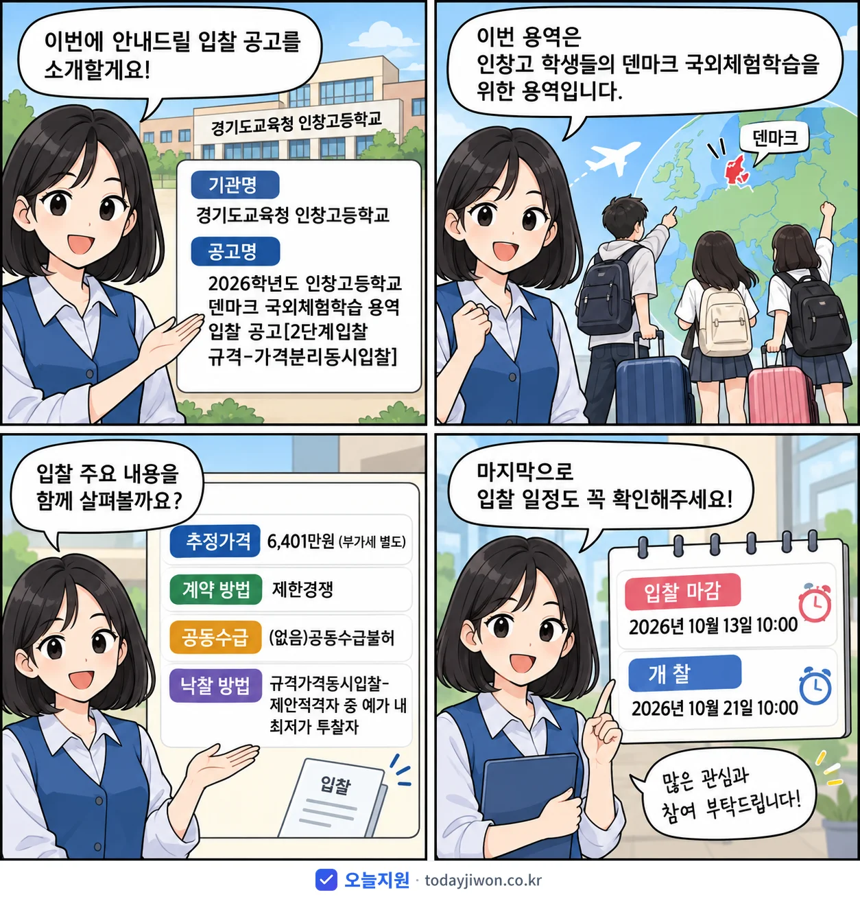 4컷 만화로 보는 공고: 경기도교육청 인창고등학교 '학년도 인창고등학교 덴마크 국외체험학습 용역 입찰 공고[2단계입찰 규격…', 추정가격 6,401만원, 입찰 마감 10/13 10:00