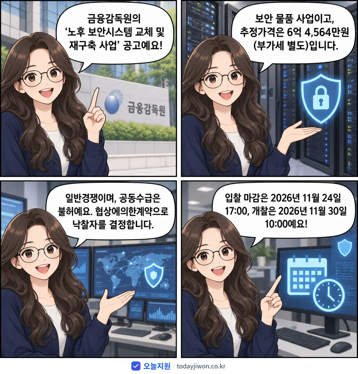 4컷 만화로 보는 공고: 금융감독원 '노후 보안시스템 교체 및 재구축 사업', 추정가격 6억 4,564만원, 입찰 마감 11/24 17:00