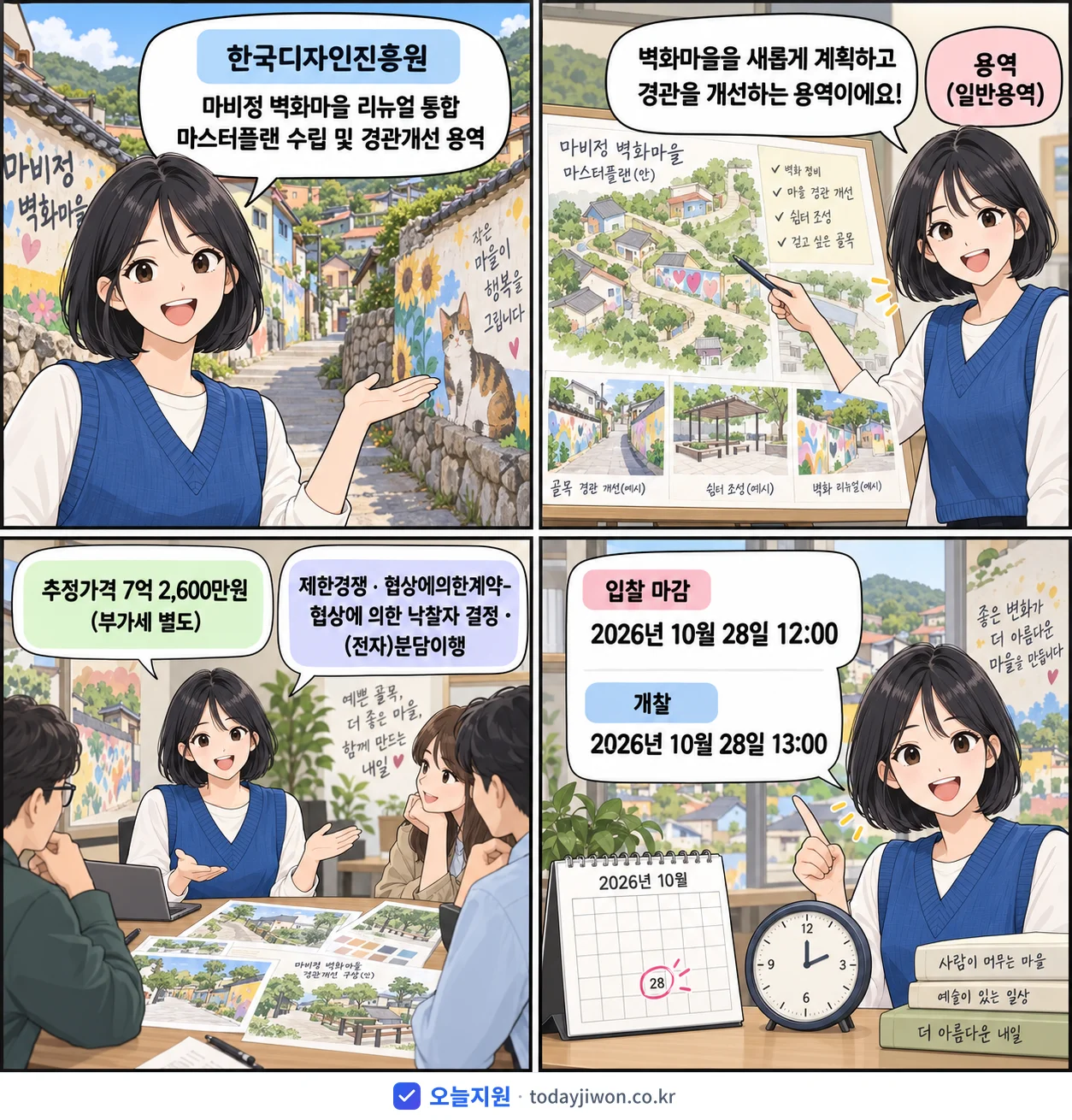 4컷 만화로 보는 공고: 한국디자인진흥원 '마비정 벽화마을 리뉴얼 통합 마스터플랜 수립 및 경관개선 용역', 추정가격 7억 2,600만원, 입찰 마감 10/28 12:00