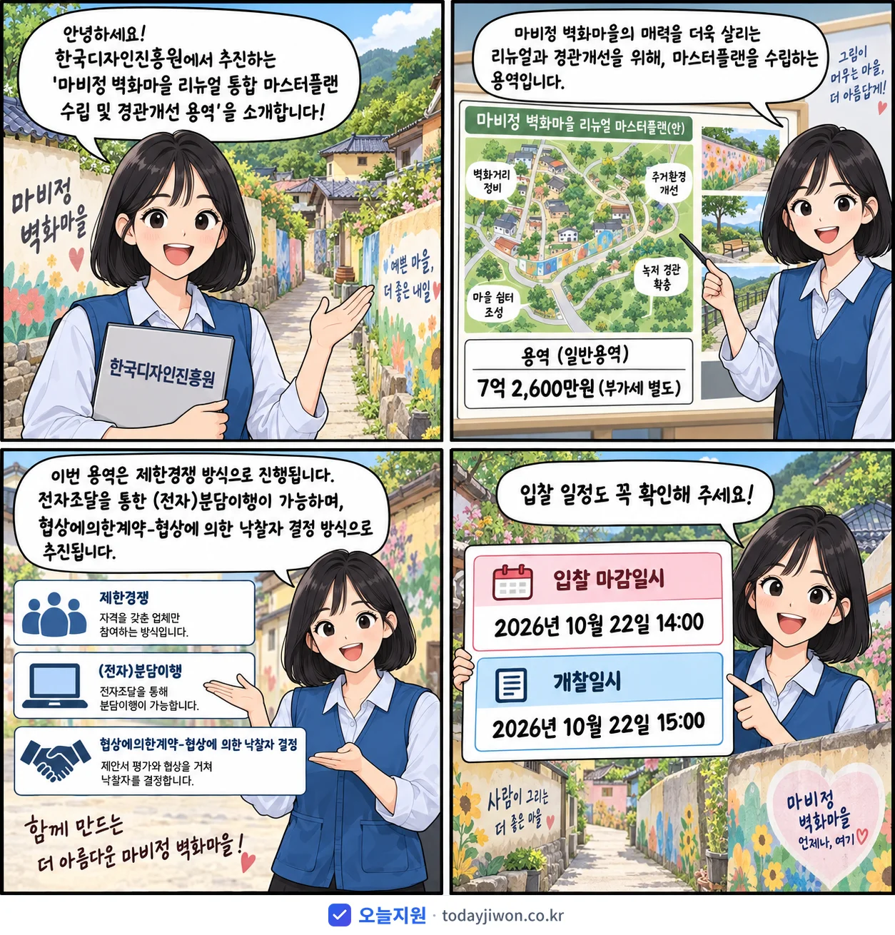 4컷 만화로 보는 공고: 한국디자인진흥원 '마비정 벽화마을 리뉴얼 통합 마스터플랜 수립 및 경관개선 용역', 추정가격 7억 2,600만원, 입찰 마감 10/22 14:00
