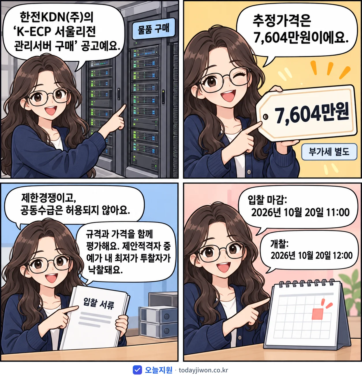 4컷 만화로 보는 공고: 한전KDN(주) 'K-ECP 서울리전 관리서버 구매', 추정가격 7,604만원, 입찰 마감 10/20 11:00