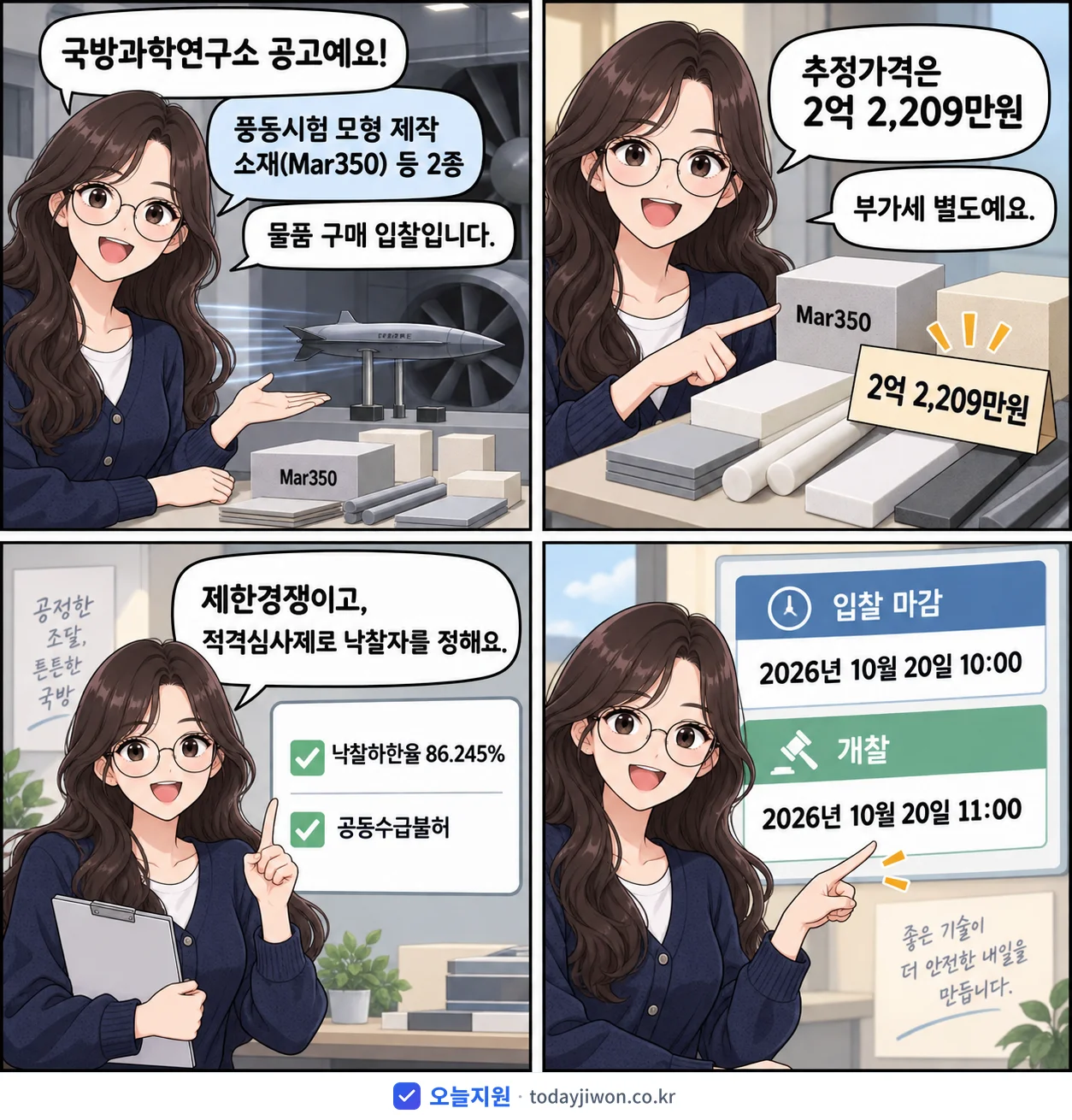 4컷 만화로 보는 공고: 국방과학연구소 '풍동시험 모형 제작 소재(Mar350) 등 2종', 추정가격 2억 2,209만원, 입찰 마감 10/20 10:00