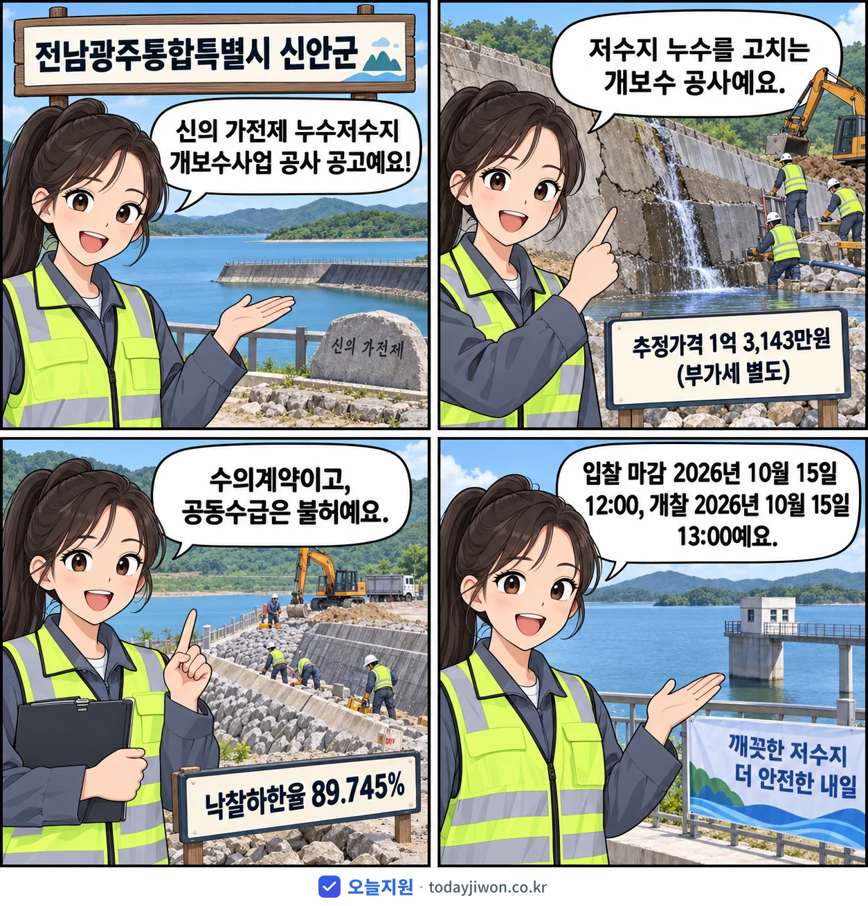 4컷 만화로 보는 공고: 전남광주통합특별시 신안군 '신의 가전제 누수저수지 개보수사업', 추정가격 1억 3,143만원, 입찰 마감 10/15 12:00