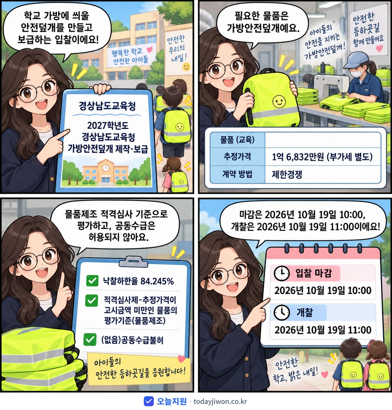 4컷 만화로 보는 공고: 경상남도교육청 '학년도 경상남도교육청 가방안전덮개 제작·보급', 추정가격 1억 6,832만원, 입찰 마감 10/19 10:00