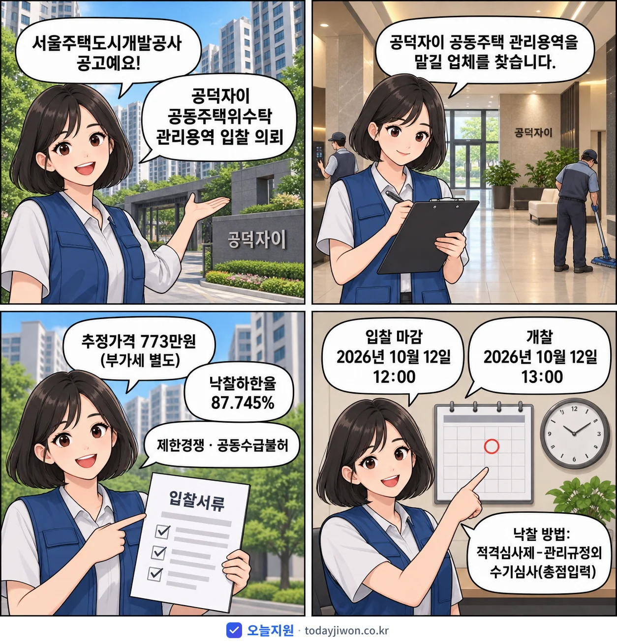 4컷 만화로 보는 공고: 서울주택도시개발공사 '공동주택위수탁 관리용역 입찰 의뢰', 추정가격 773만원, 입찰 마감 10/12 12:00
