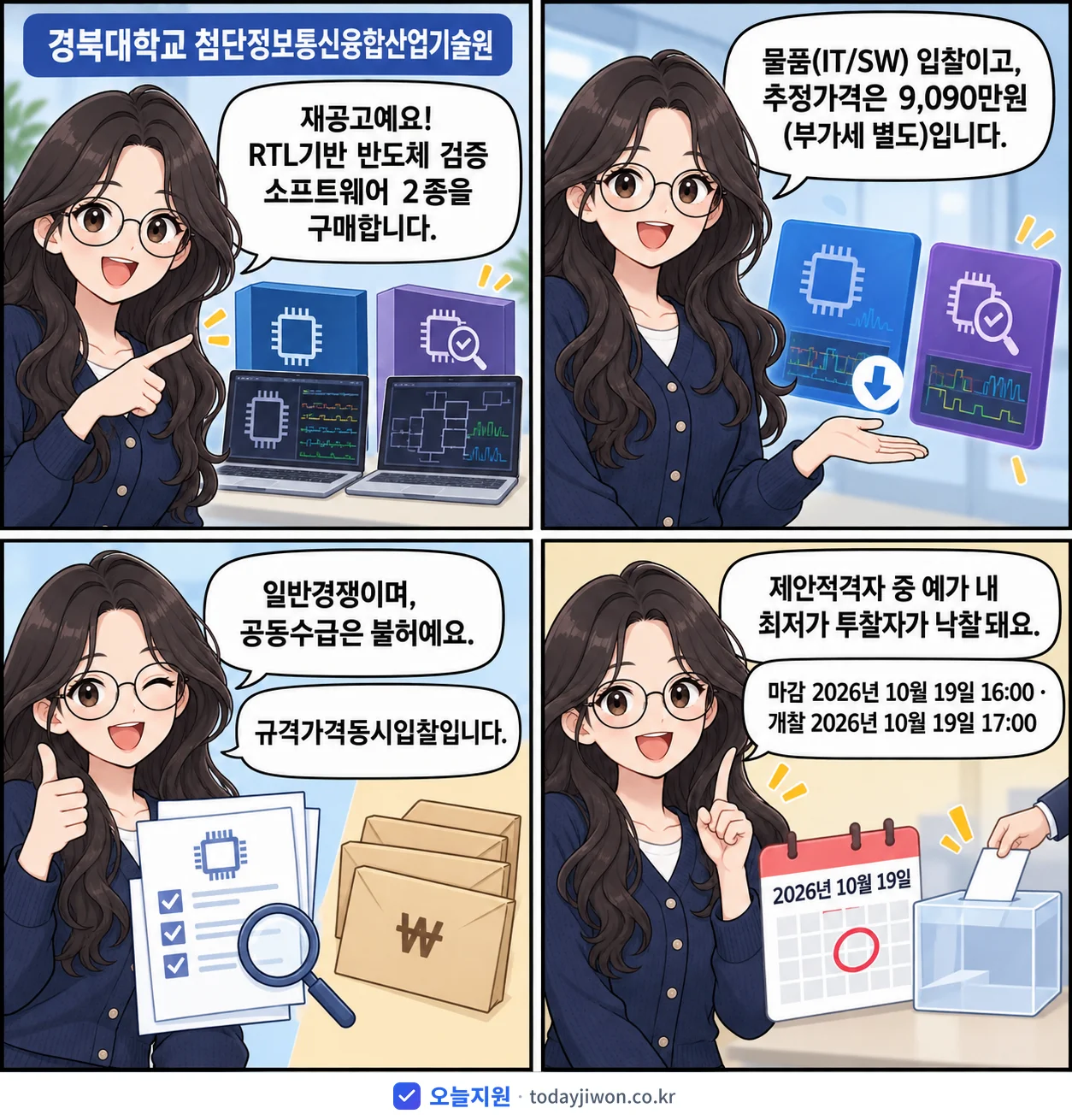 4컷 만화로 보는 공고: 경북대학교 첨단정보통신융합산업기술원 'RTL기반 반도체 검증 소프트웨어 2종 구매', 추정가격 9,090만원, 입찰 마감 10/19 16:00