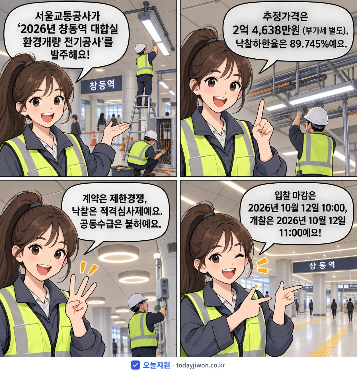 4컷 만화로 보는 공고: 서울교통공사 '창동역 대합실 환경개량 전기공사', 추정가격 2억 4,638만원, 입찰 마감 10/12 10:00
