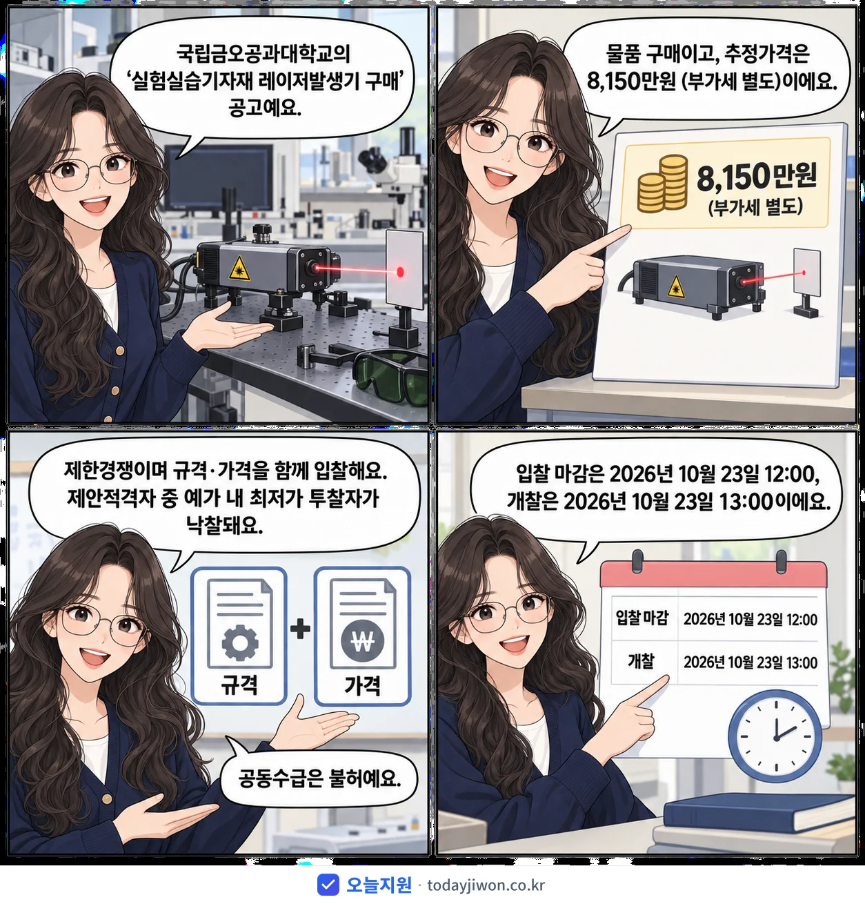 4컷 만화로 보는 공고: 국립금오공과대학교 '실험실습기자재 레이저발생기 구매', 추정가격 8,150만원, 입찰 마감 10/23 12:00