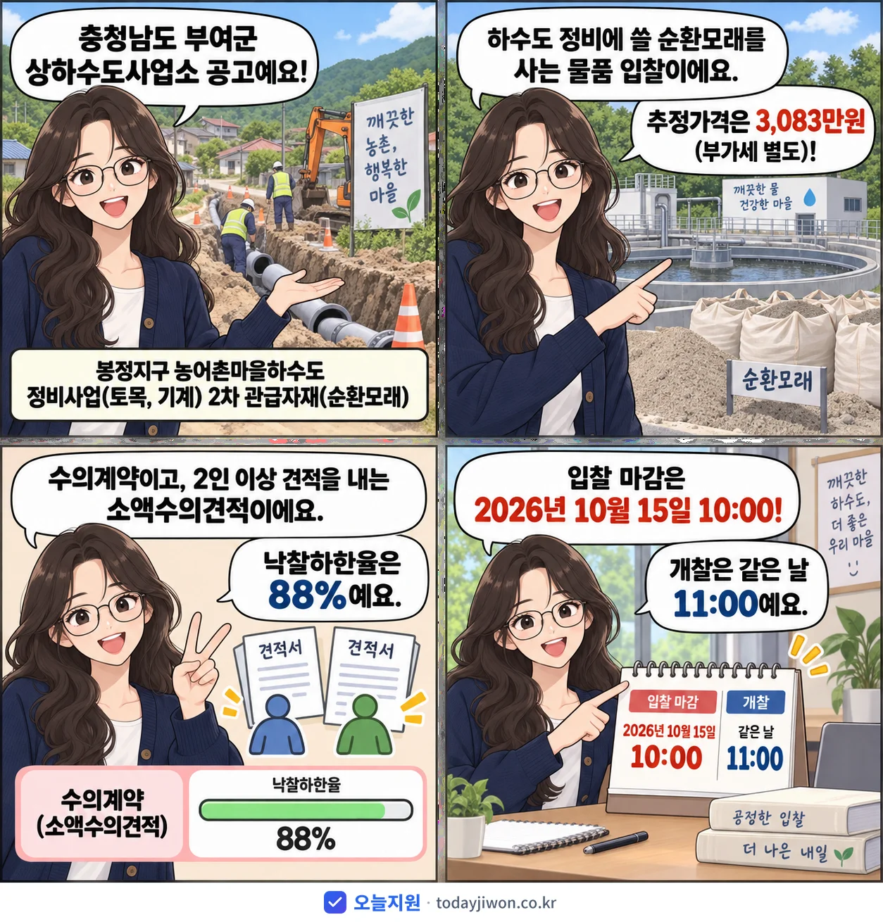 4컷 만화로 보는 공고: 충청남도 부여군 상하수도사업소 '봉정지구 농어촌마을하수도 정비사업(토목, 기계) 2차 관급자재(순환모래)', 추정가격 3,083만원, 입찰 마감 10/15 10:00