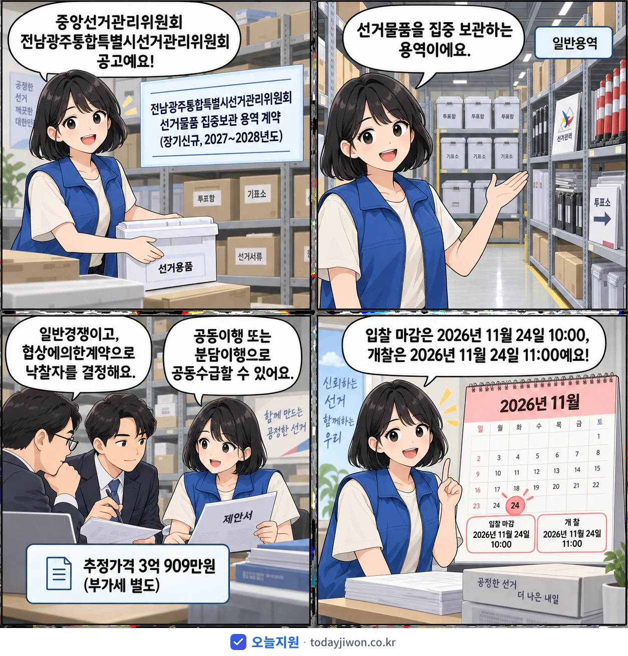 4컷 만화로 보는 공고: 중앙선거관리위원회 전남광주통합특별시선거관리위원회 '전남광주통합특별시선거관리위원회 선거물품 집중보관 용역 계약(장기신규,…', 추정가격 3억 909만원, 입찰 마감 11/24 10:00