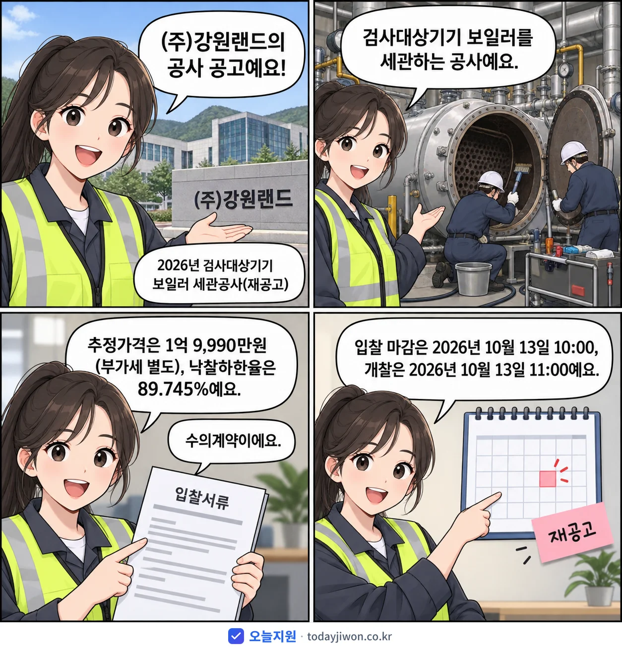 4컷 만화로 보는 공고: (주)강원랜드 '검사대상기기 보일러 세관공사', 추정가격 1억 9,990만원, 입찰 마감 10/13 10:00
