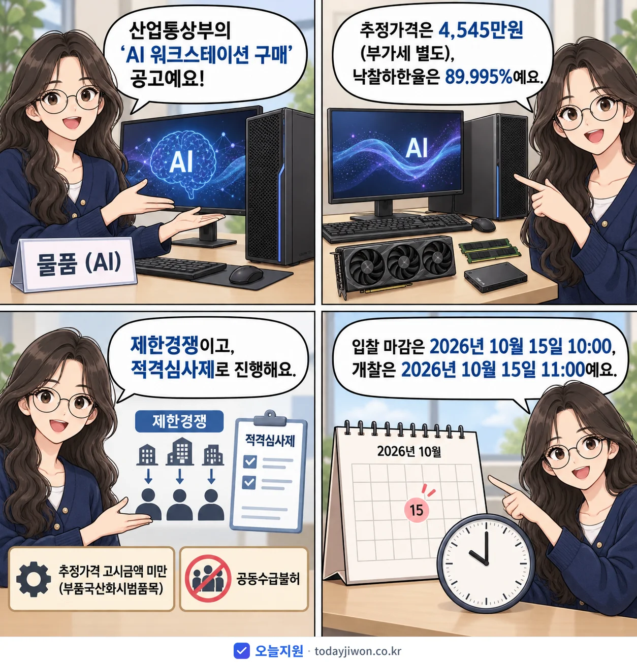4컷 만화로 보는 공고: 산업통상부 'AI 워크스테이션 구매', 추정가격 4,545만원, 입찰 마감 10/15 10:00