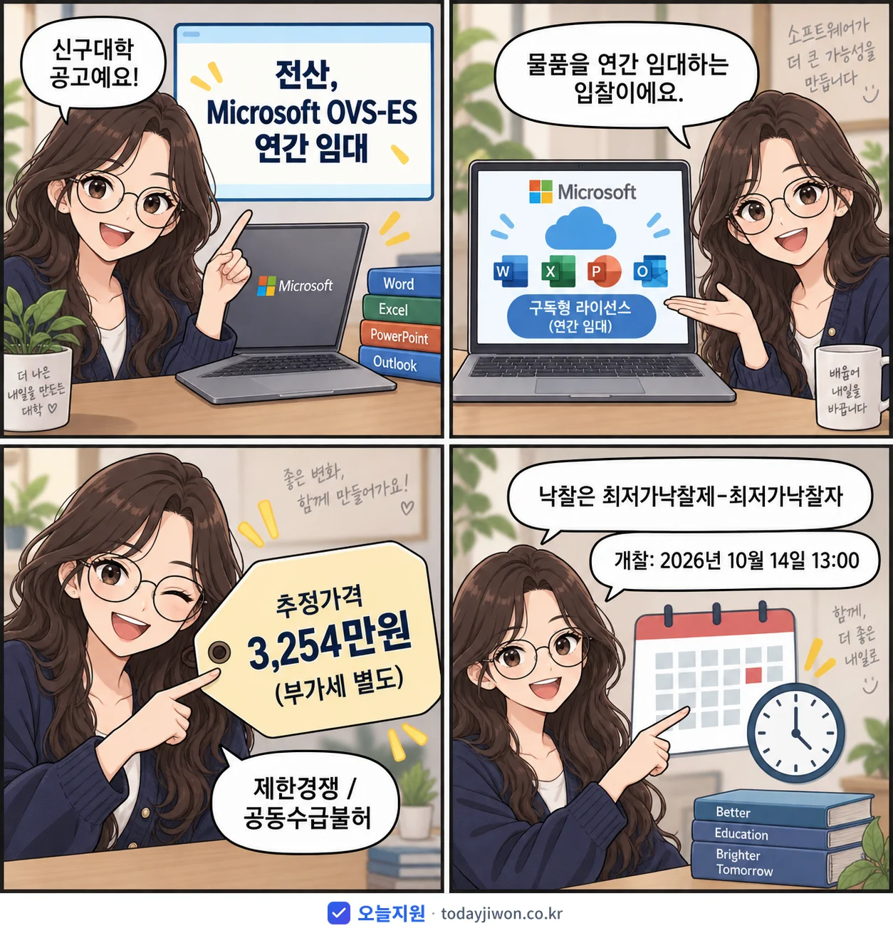 4컷 만화로 보는 공고: 신구대학 '전산, Microsoft OVS-ES 연간 임대', 추정가격 3,254만원