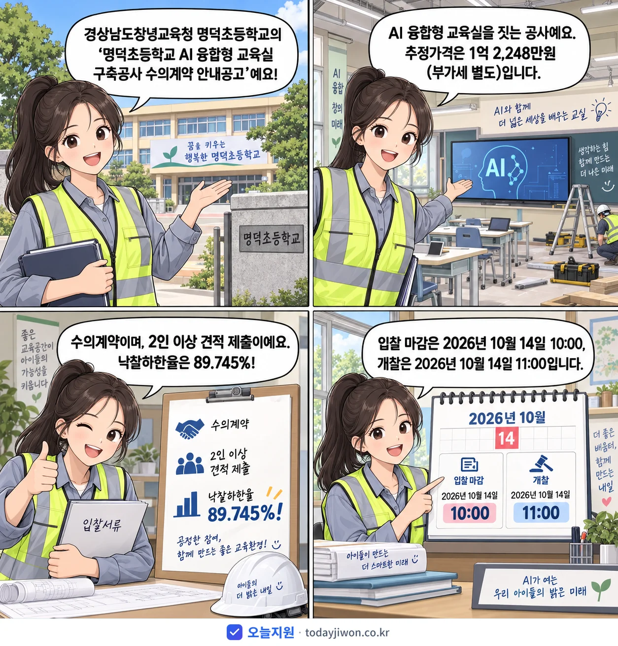 4컷 만화로 보는 공고: 경상남도창녕교육청 명덕초등학교 '명덕초등학교 AI 융합형 교육실 구축공사 수의계약 안내공고', 추정가격 1억 2,248만원, 입찰 마감 10/14 10:00