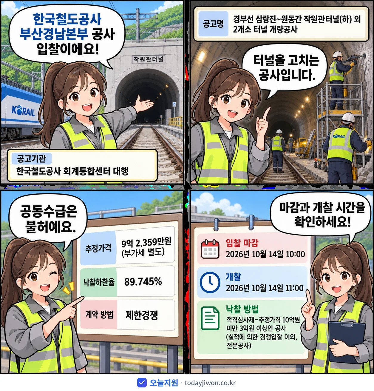 4컷 만화로 보는 공고: 한국철도공사 부산경남본부 '경부선 삼랑진~원동간 작원관터널(하) 외 2개소 터널 개량공사', 추정가격 9억 2,359만원, 입찰 마감 10/14 10:00
