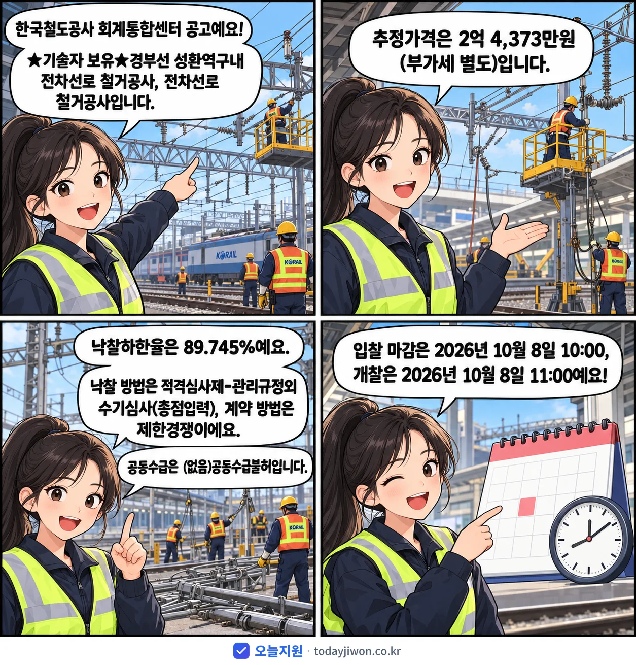 4컷 만화로 보는 공고: 한국철도공사 회계통합센터 '★기술자 보유★경부선 성환역구내 전차선로 철거공사', 추정가격 2억 4,373만원, 입찰 마감 10/8 10:00