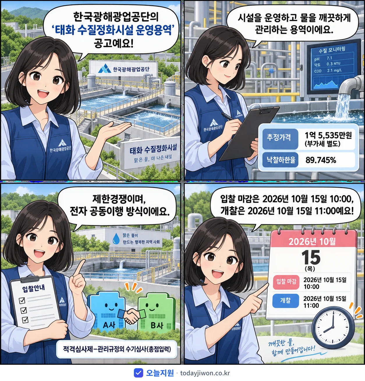 4컷 만화로 보는 공고: 한국광해광업공단 '태화 수질정화시설 운영용역', 추정가격 1억 5,535만원, 입찰 마감 10/15 10:00