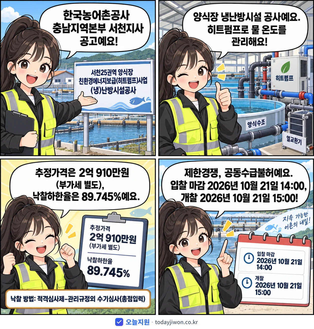 4컷 만화로 보는 공고: 한국농어촌공사 충남지역본부 서천지사 '서천25권역 양식장 친환경에너지보급(히트펌프)사업 (냉)난방시설공사', 추정가격 2억 910만원, 입찰 마감 10/21 14:00