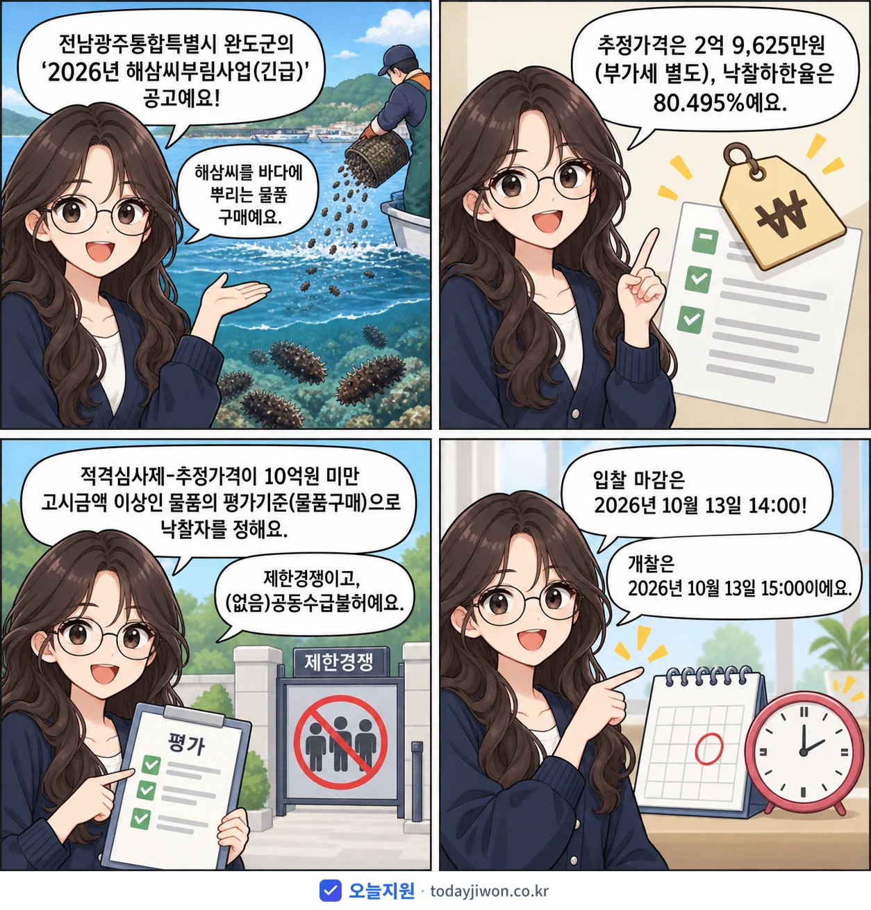 4컷 만화로 보는 공고: 전남광주통합특별시 완도군 '해삼씨부림사업', 추정가격 2억 9,625만원, 입찰 마감 10/13 14:00