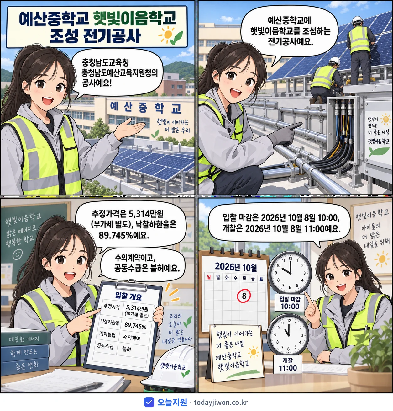 4컷 만화로 보는 공고: 충청남도교육청 충청남도예산교육지원청 '예산중학교 햇빛이음학교 조성 전기공사', 추정가격 5,314만원, 입찰 마감 10/8 10:00