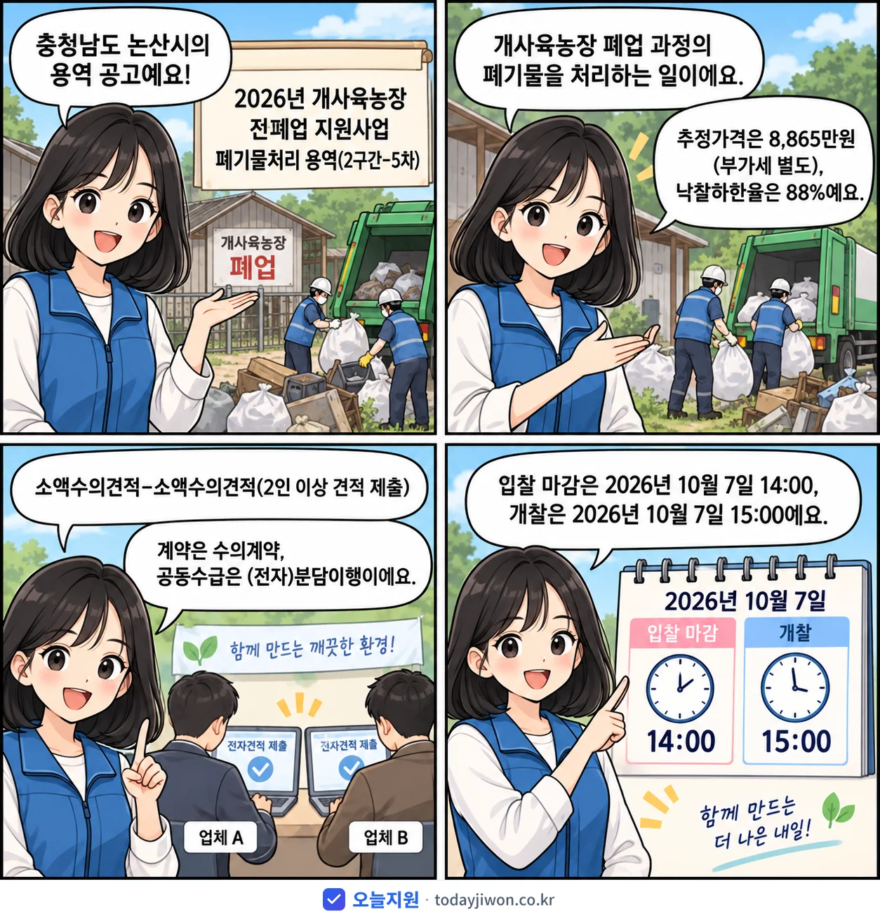 4컷 만화로 보는 공고: 충청남도 논산시 '개사육농장 전폐업 지원사업 폐기물처리 용역(2구간-5차)', 추정가격 8,865만원, 입찰 마감 10/7 14:00