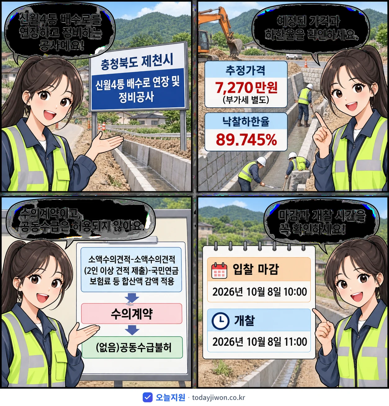 4컷 만화로 보는 공고: 충청북도 제천시 '신월4통 배수로 연장 및 정비공사', 추정가격 7,270만원, 입찰 마감 10/8 10:00