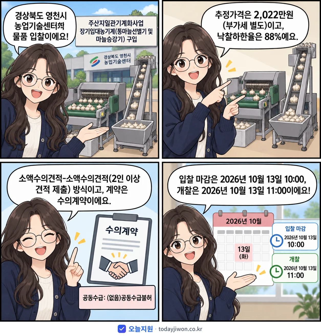 4컷 만화로 보는 공고: 경상북도 영천시 농업기술센터 '주산지일관기계화사업 장기임대농기계(통마늘선별기 및 마늘승강기) 구입', 추정가격 2,022만원, 입찰 마감 10/13 10:00