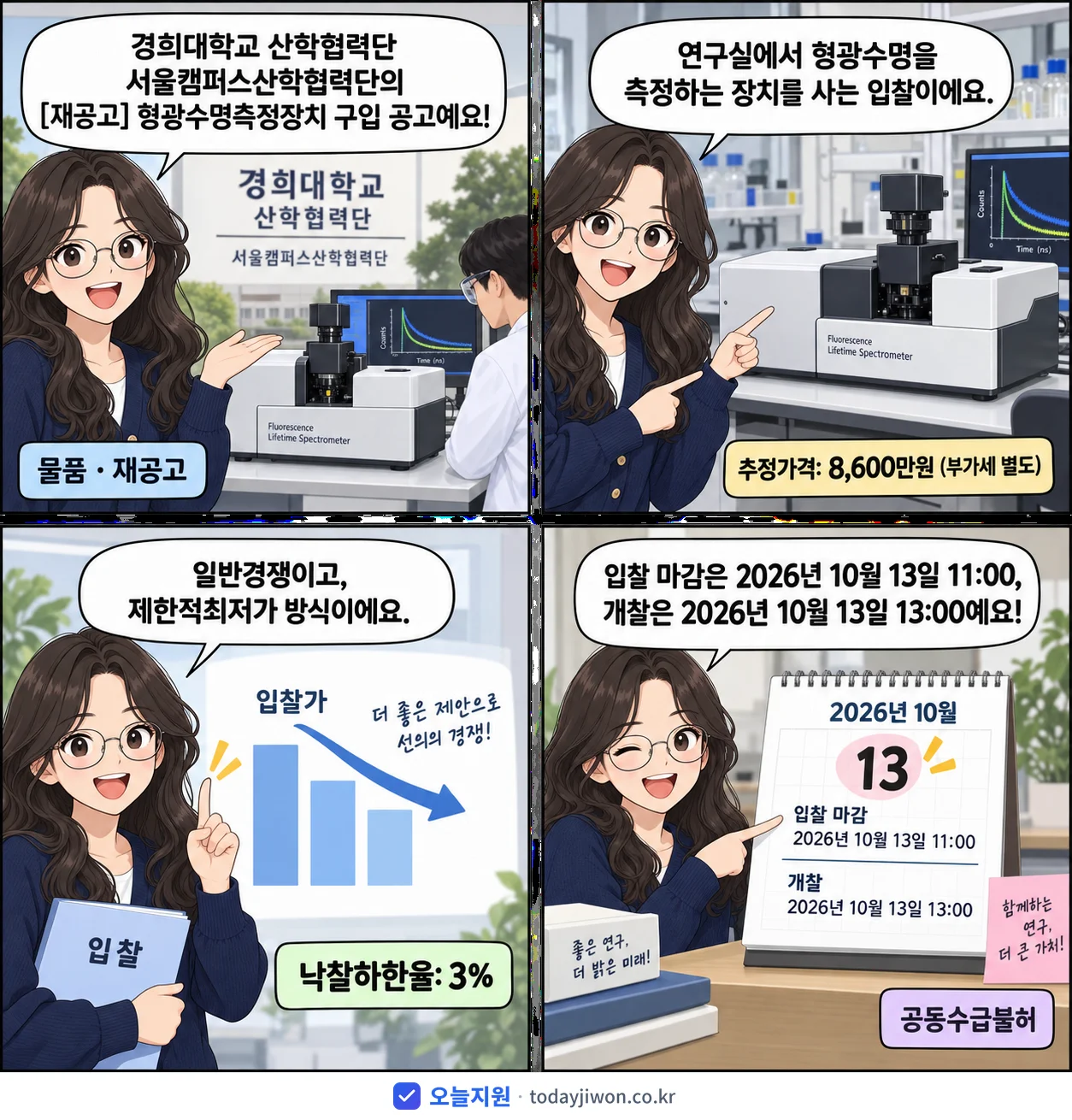 4컷 만화로 보는 공고: 경희대학교 산학협력단 서울캠퍼스산학협력단 '형광수명측정장치 구입', 추정가격 8,600만원, 입찰 마감 10/13 11:00