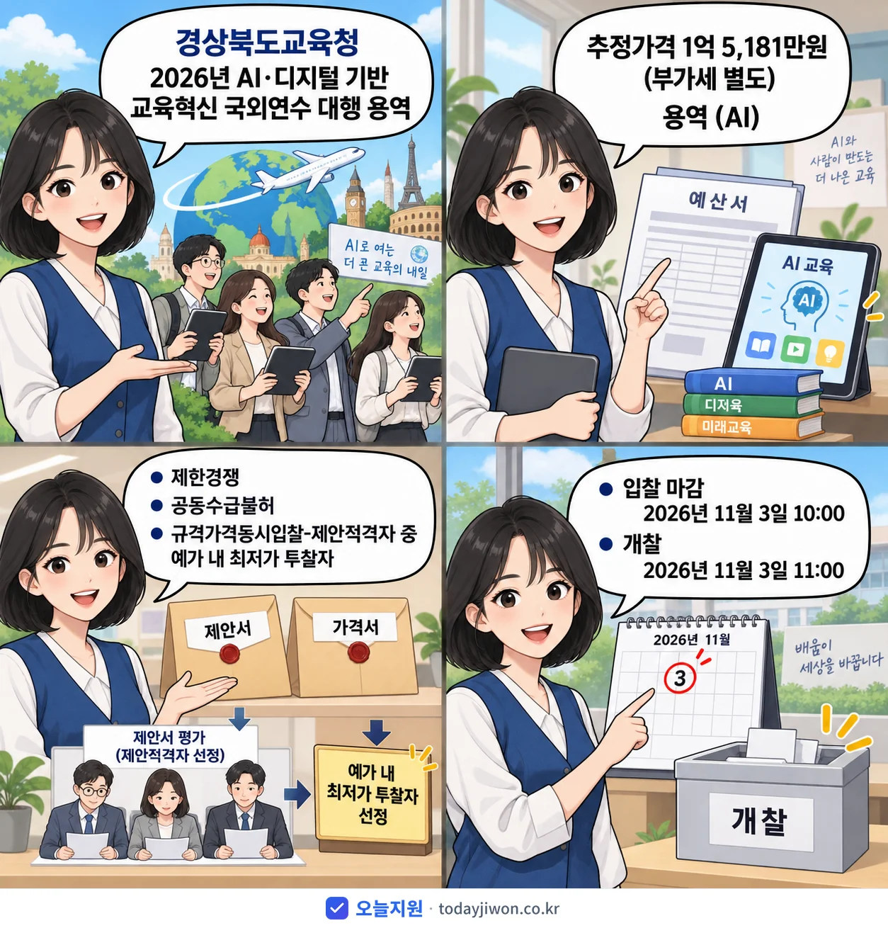 4컷 만화로 보는 공고: 경상북도교육청 'AI·디지털 기반 교육혁신 국외연수 대행 용역', 추정가격 1억 5,181만원, 입찰 마감 11/3 10:00