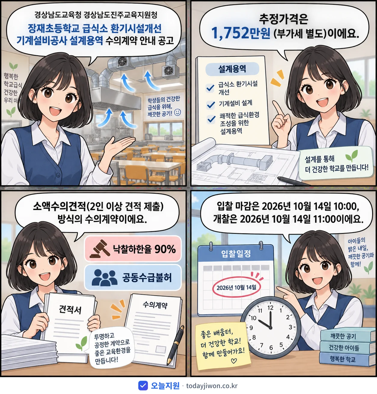 4컷 만화로 보는 공고: 경상남도교육청 경상남도진주교육지원청 '장재초등학교 급식소 환기시설개선 기계설비공사 설계용역 수의계약 안내 공고', 추정가격 1,752만원, 입찰 마감 10/14 10:00