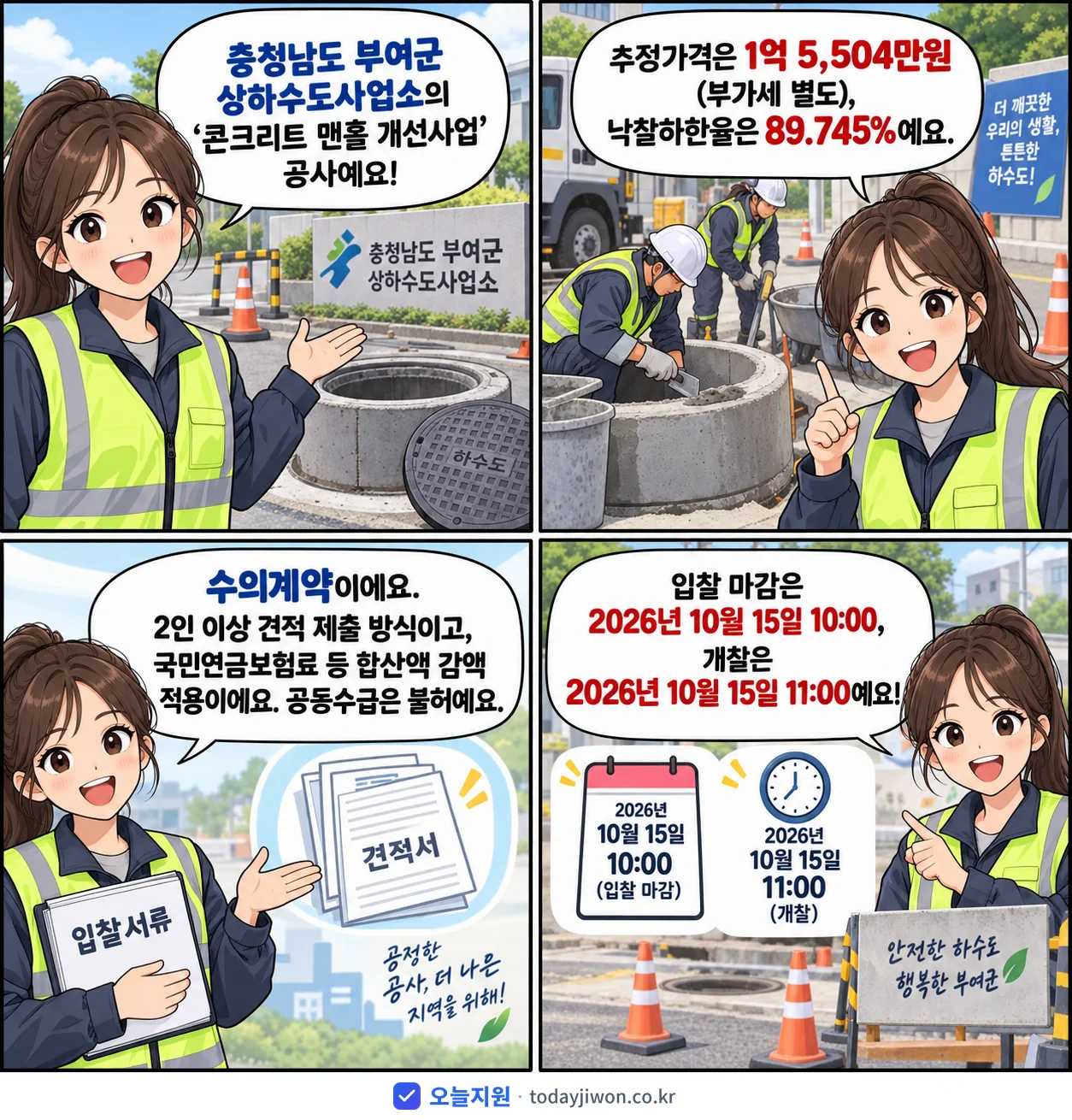 4컷 만화로 보는 공고: 충청남도 부여군 상하수도사업소 '콘크리트 맨홀 개선사업', 추정가격 1억 5,504만원, 입찰 마감 10/15 10:00