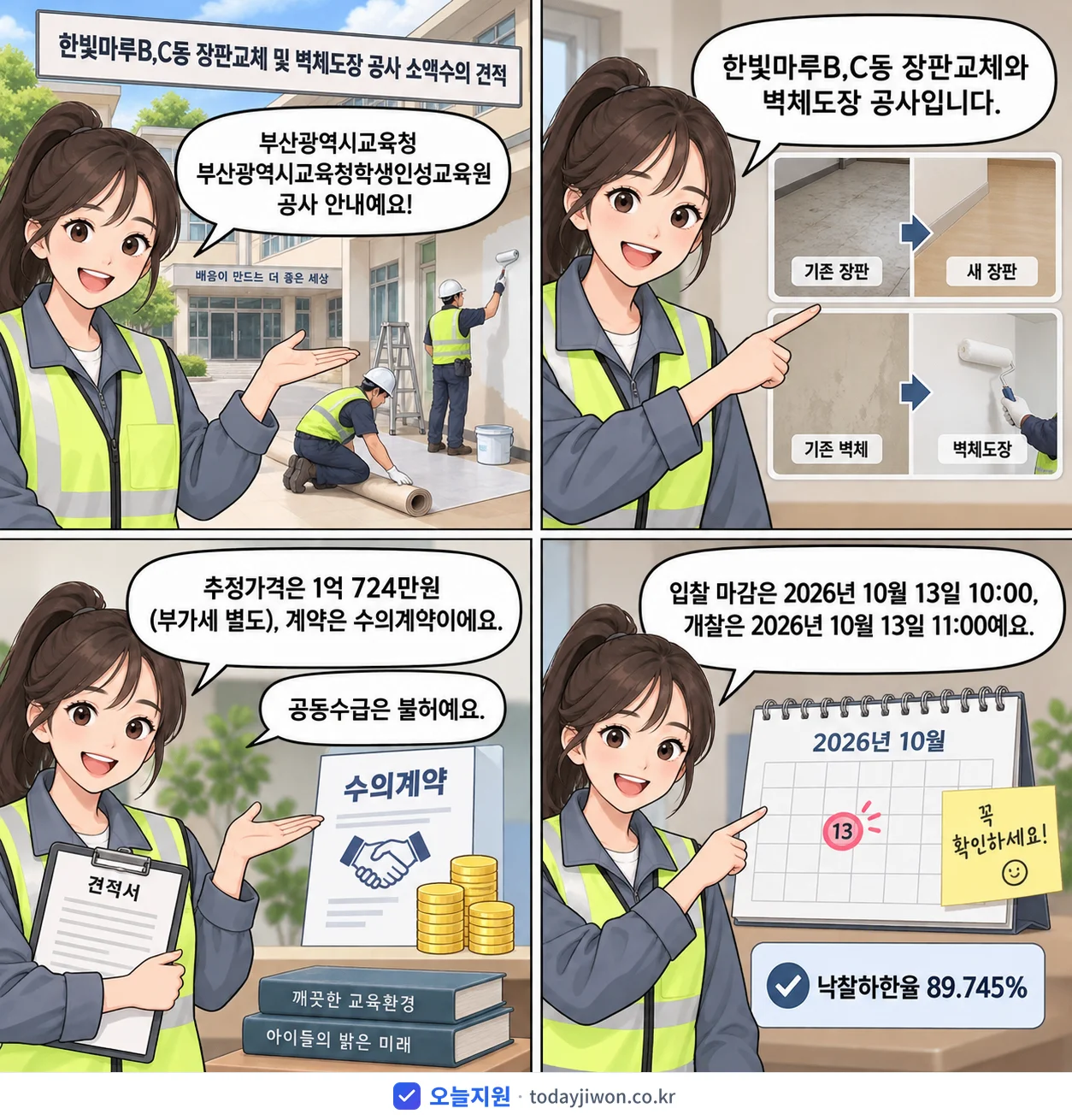 4컷 만화로 보는 공고: 부산광역시교육청 부산광역시교육청학생인성교육원 '한빛마루B,C동 장판교체 및 벽체도장 공사 소액수의 견적', 추정가격 1억 724만원, 입찰 마감 10/13 10:00