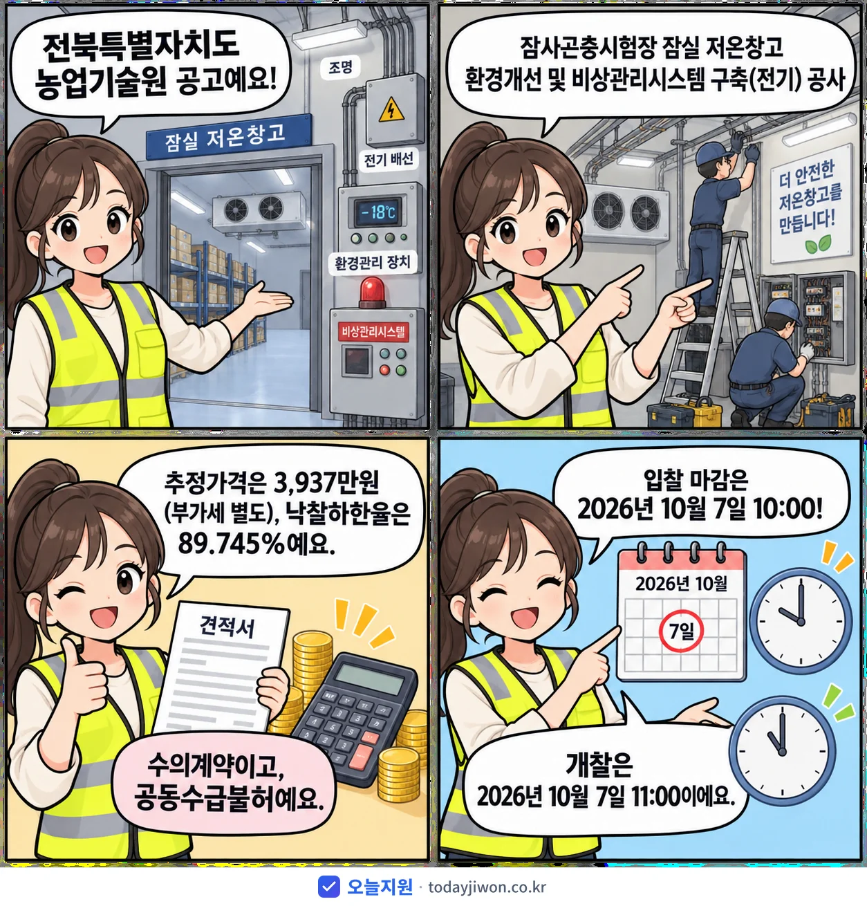 4컷 만화로 보는 공고: 전북특별자치도 농업기술원 '잠사곤충시험장 잠실 저온창고 환경개선 및 비상관리시스템 구축(전기) 공사', 추정가격 3,937만원, 입찰 마감 10/7 10:00