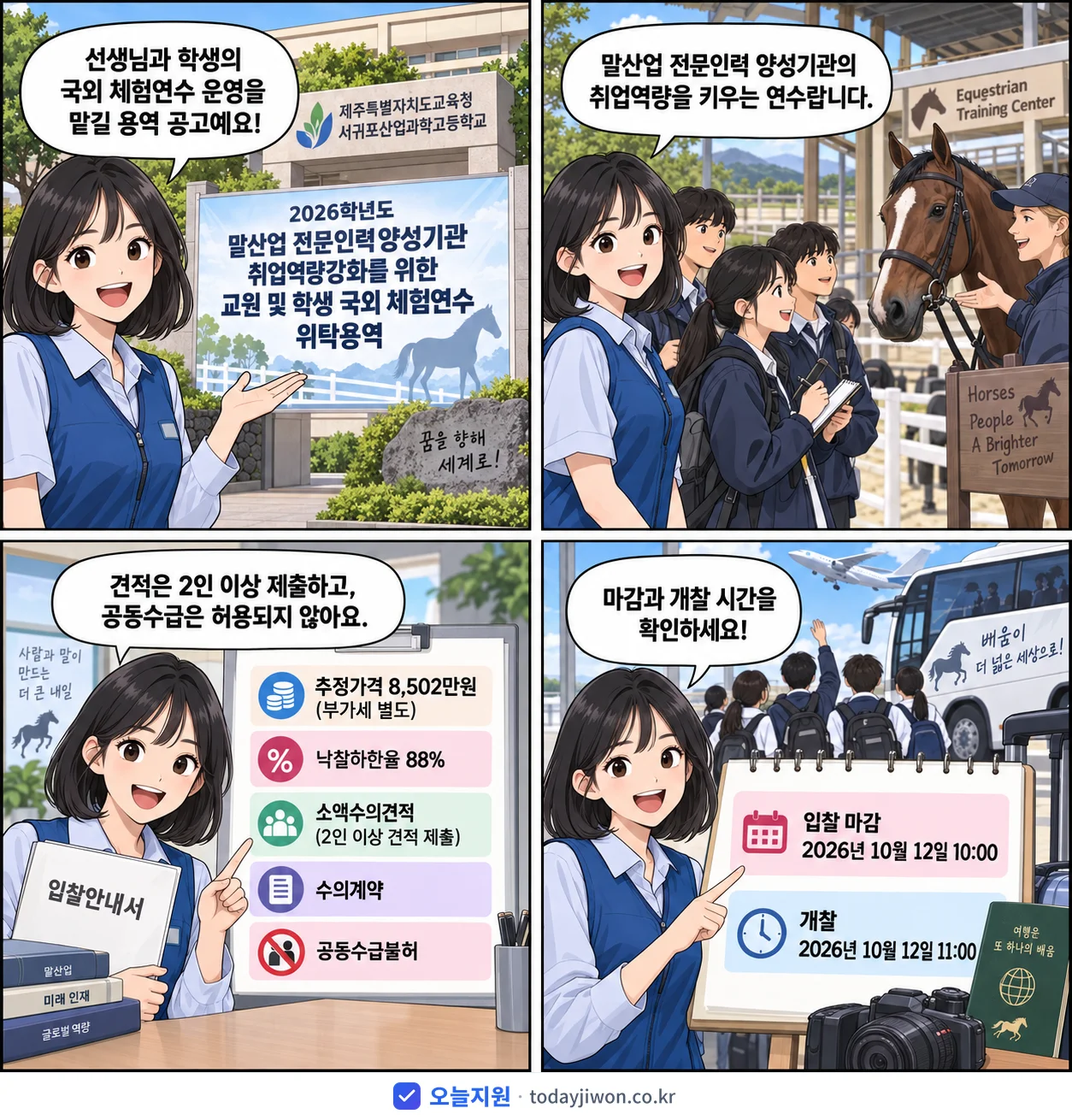 4컷 만화로 보는 공고: 제주특별자치도교육청 서귀포산업과학고등학교 '학년도 말산업 전문인력양성기관 취업역량강화를 위한 교원 및 학생 국외…', 추정가격 8,502만원, 입찰 마감 10/12 10:00