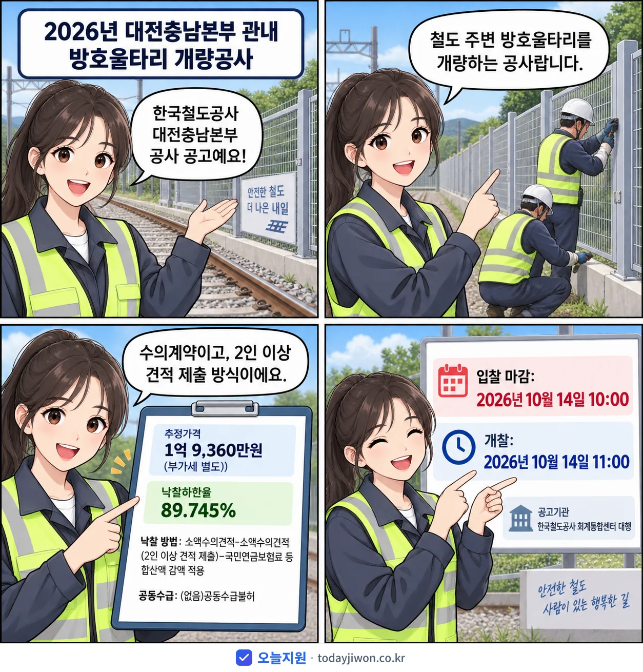 4컷 만화로 보는 공고: 한국철도공사 대전충남본부 '대전충남본부 관내 방호울타리 개량공사', 추정가격 1억 9,360만원, 입찰 마감 10/14 10:00
