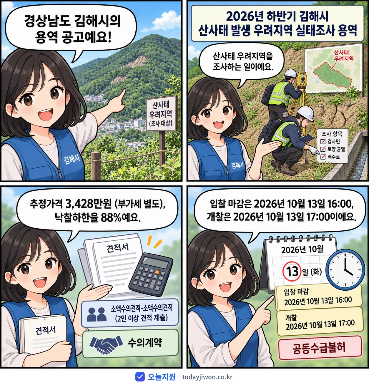 4컷 만화로 보는 공고: 경상남도 김해시 '하반기 김해시 산사태 발생 우려지역 실태조사 용역', 추정가격 3,428만원, 입찰 마감 10/13 16:00