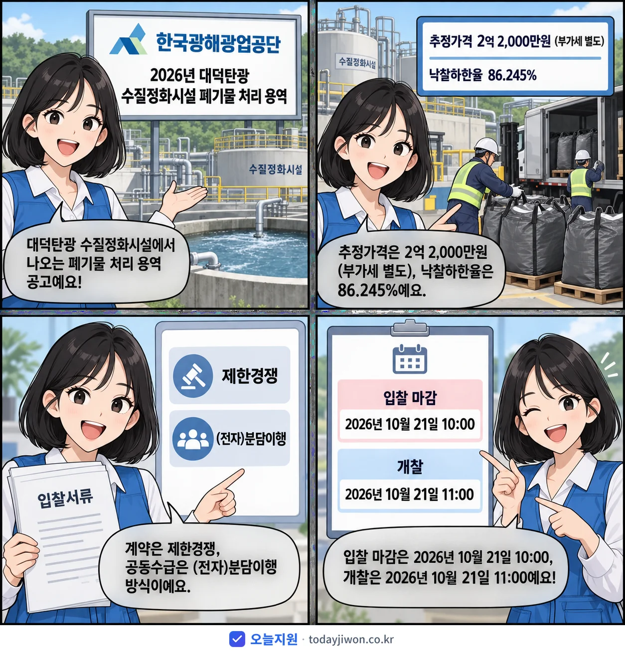 4컷 만화로 보는 공고: 한국광해광업공단 '대덕탄광 수질정화시설 폐기물 처리 용역', 추정가격 2억 2,000만원, 입찰 마감 10/21 10:00