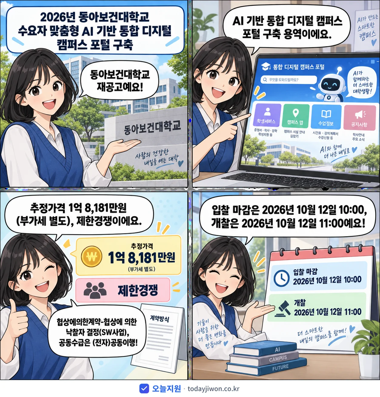 4컷 만화로 보는 공고: 동아보건대학교 '동아보건대학교 수요자 맞춤형 AI 기반 통합 디지털 캠퍼스 포털 구축', 추정가격 1억 8,181만원, 입찰 마감 10/12 10:00