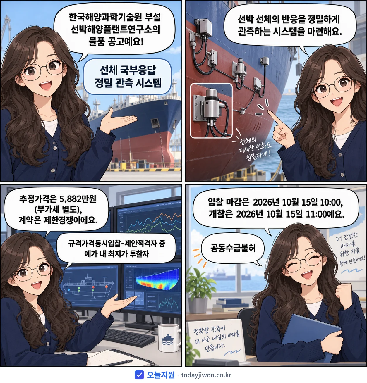 4컷 만화로 보는 공고: 한국해양과학기술원 부설 선박해양플랜트연구소 '선체 국부응답 정밀 관측 시스템', 추정가격 5,882만원, 입찰 마감 10/15 10:00