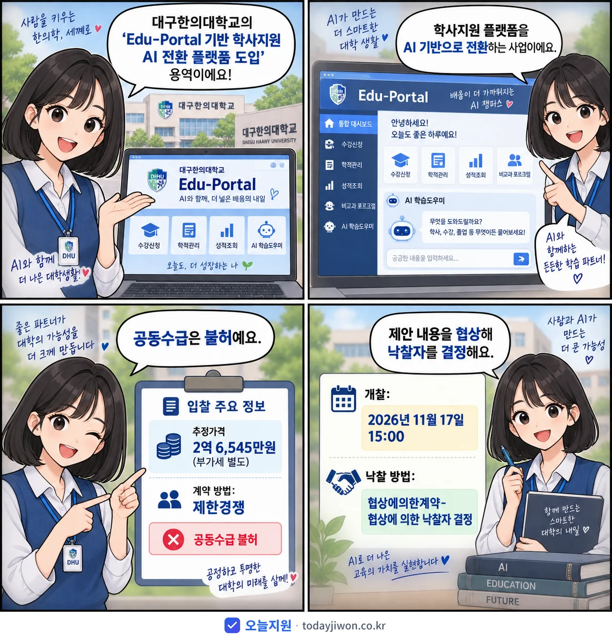 4컷 만화로 보는 공고: 대구한의대학교 'Edu-Portal 기반 학사지원 AI 전환 플랫폼 도입', 추정가격 2억 6,545만원