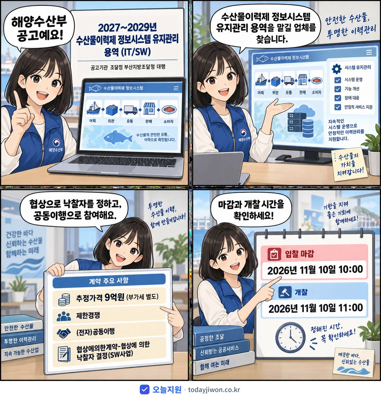 4컷 만화로 보는 공고: 해양수산부 '~2029년 수산물이력제 정보시스템 유지관리', 추정가격 9억원, 입찰 마감 11/10 10:00