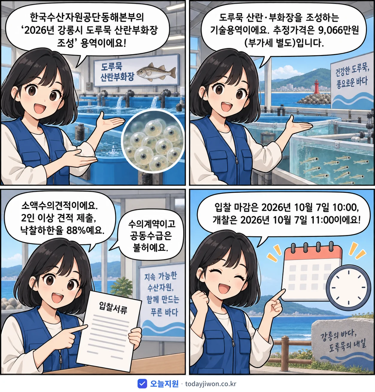 4컷 만화로 보는 공고: 한국수산자원공단동해본부 '강릉시 도루묵 산란부화장 조성', 추정가격 9,066만원, 입찰 마감 10/7 10:00