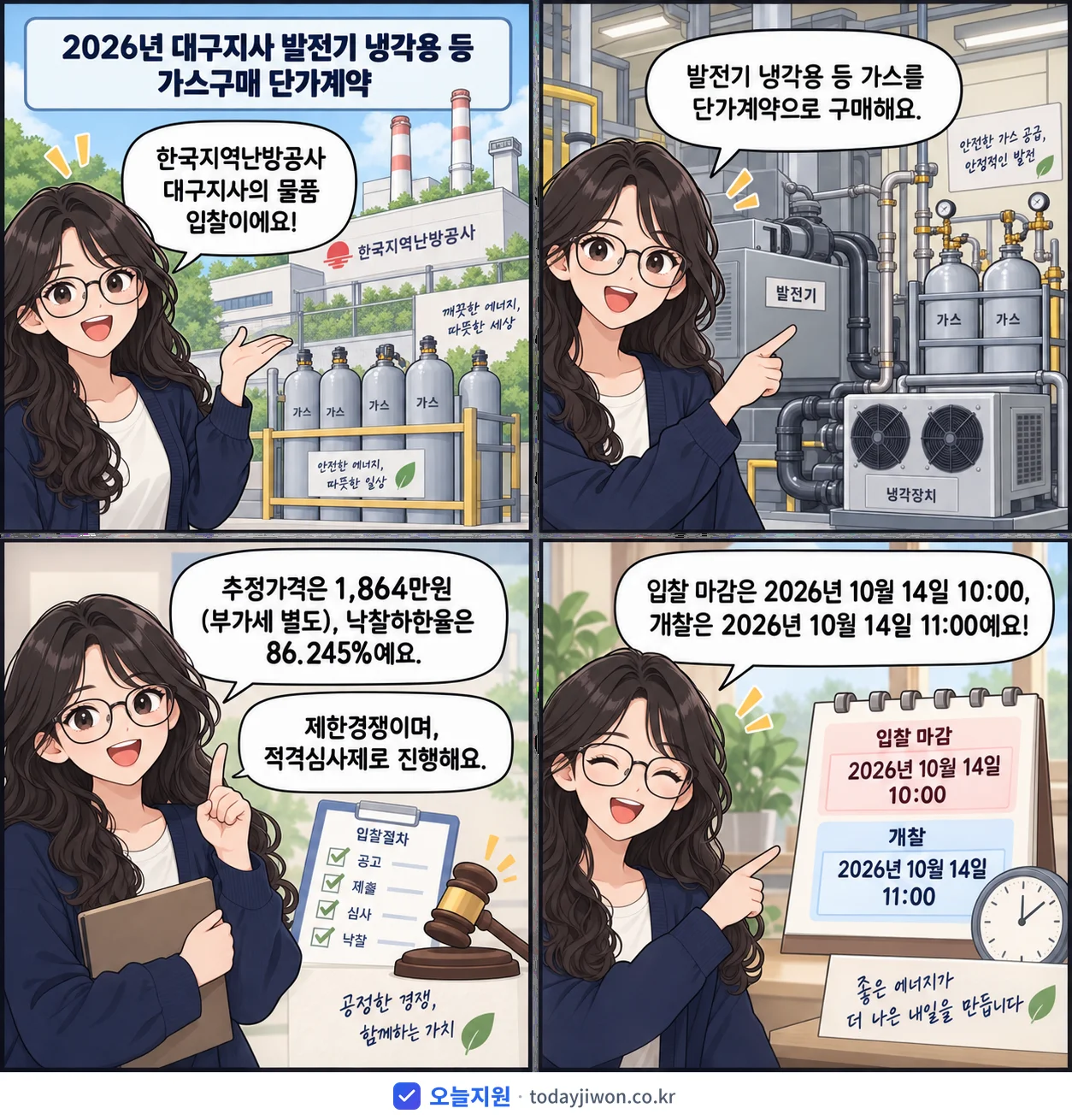 4컷 만화로 보는 공고: 한국지역난방공사 대구지사 '대구지사 발전기 냉각용 등 가스구매 단가계약', 추정가격 1,864만원, 입찰 마감 10/14 10:00