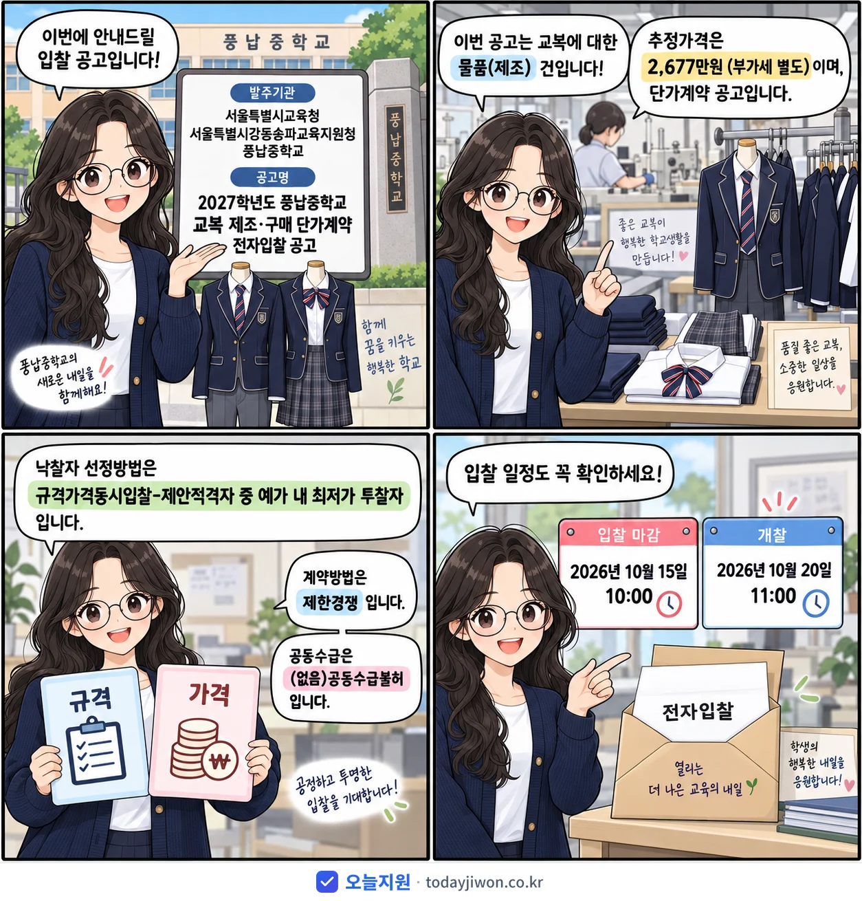 4컷 만화로 보는 공고: 서울특별시교육청 서울특별시강동송파교육지원청 풍납중학교 '학년도 풍납중학교 교복 제조·구매 단가계약 전자입찰 공고', 추정가격 2,677만원, 입찰 마감 10/15 10:00