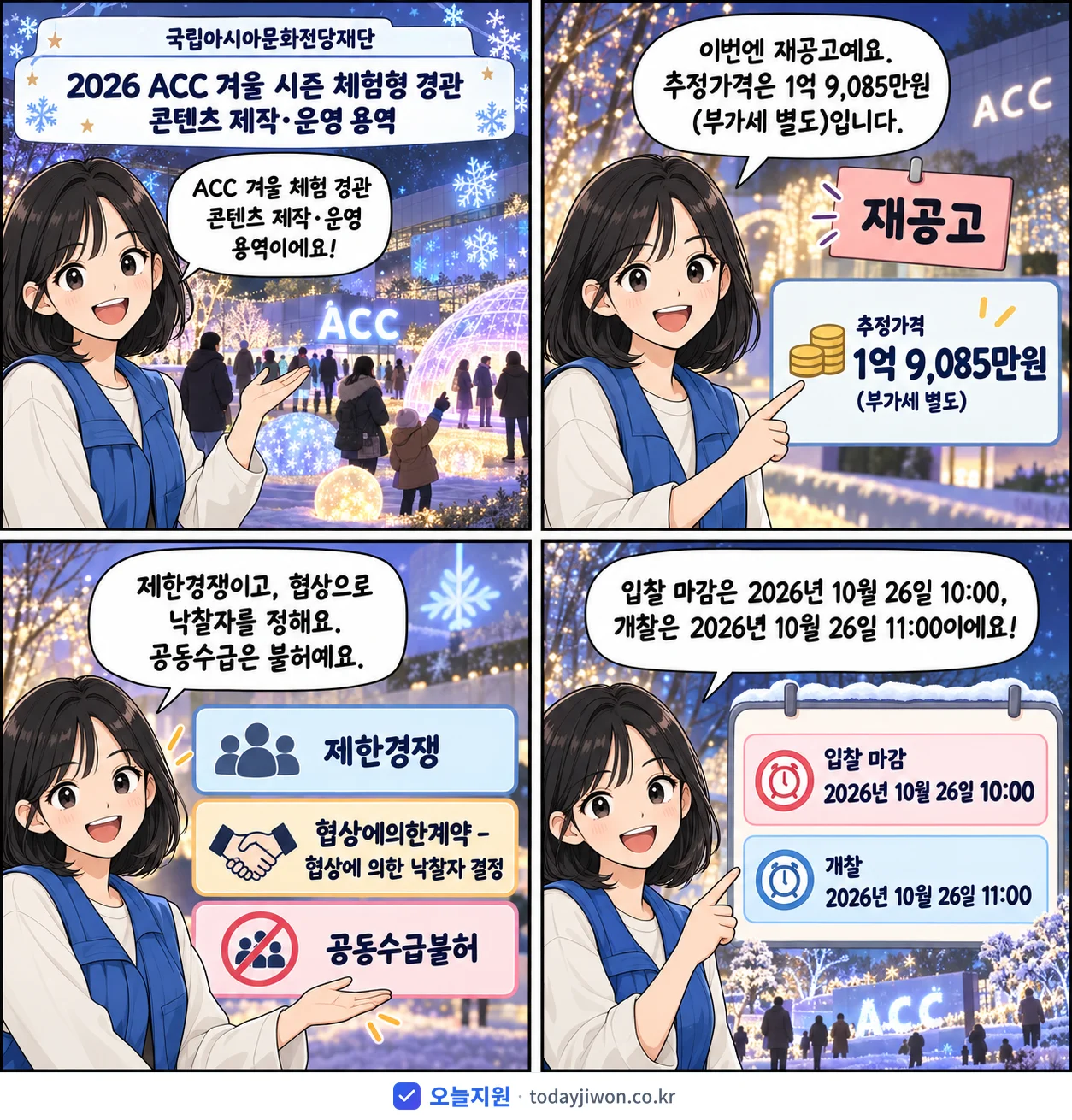 4컷 만화로 보는 공고: 국립아시아문화전당재단 'ACC 겨울 시즌 체험형 경관 콘텐츠 제작·운영 용역', 추정가격 1억 9,085만원, 입찰 마감 10/26 10:00