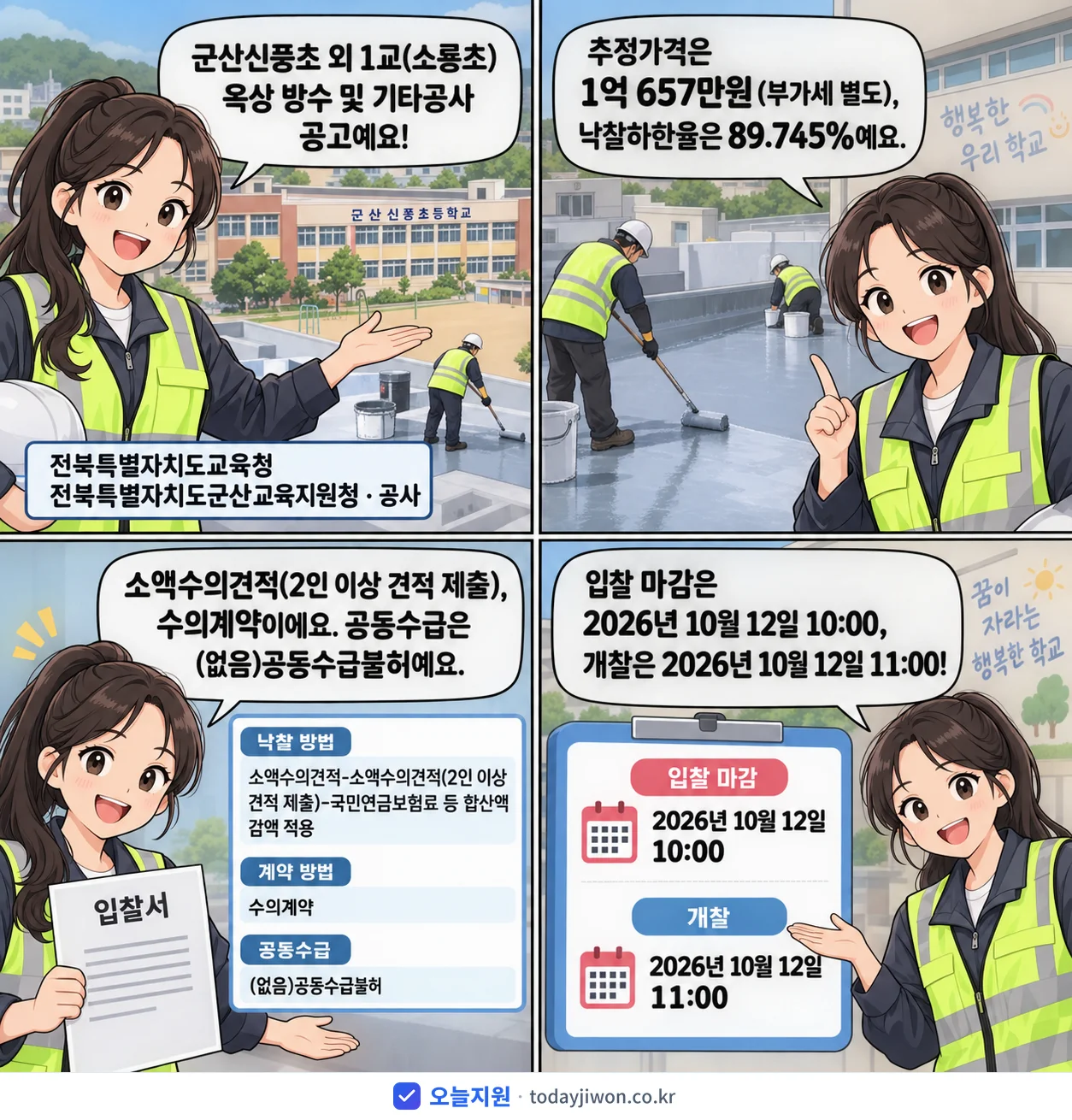 4컷 만화로 보는 공고: 전북특별자치도교육청 전북특별자치도군산교육지원청 '군산신풍초 외 1교(소룡초) 옥상 방수 및 기타공사', 추정가격 1억 657만원, 입찰 마감 10/12 10:00