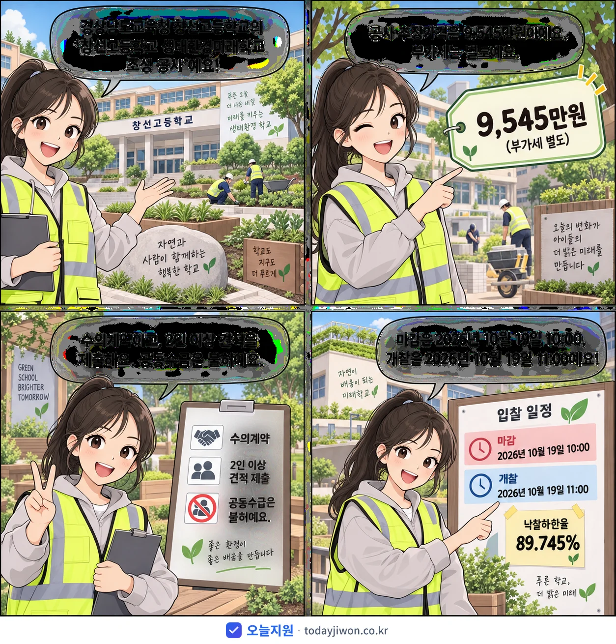4컷 만화로 보는 공고: 경상남도교육청 창선고등학교 '창선고등학교 생태환경미래학교 조성 공사', 추정가격 9,545만원, 입찰 마감 10/19 10:00