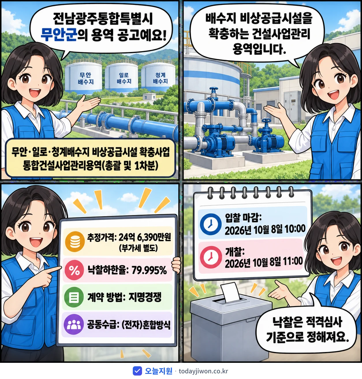 4컷 만화로 보는 공고: 전남광주통합특별시 무안군 '무안·일로·청계배수지 비상공급시설 확충사업 통합건설사업관리용역(총괄 및…', 추정가격 24억 6,390만원, 입찰 마감 10/8 10:00